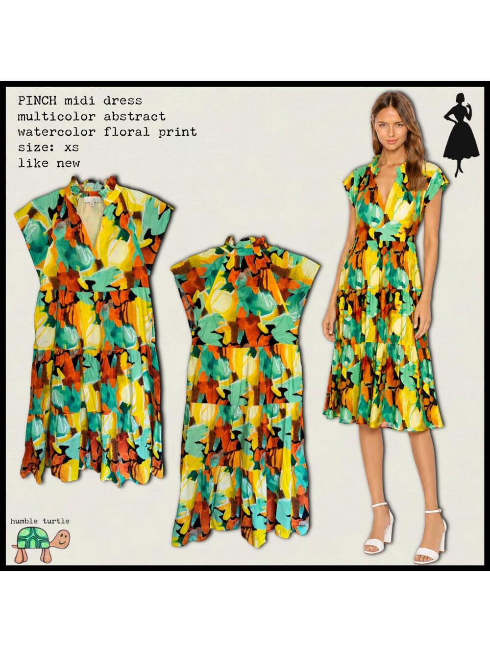 PINCH Multicolor Abstract Watercolor Floral Print Midi Dress Size XS